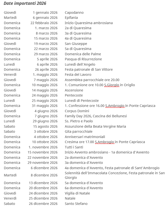 Date importanti 2026 Origlio