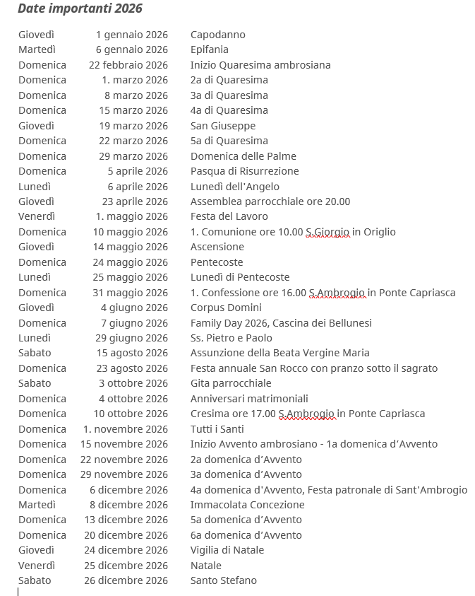 Date importanti 2026 Ponte